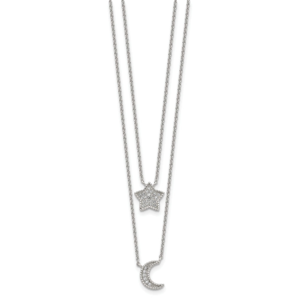 Sterling Silver RH-plated Polished CZ Moon and Star Double Strand Necklace