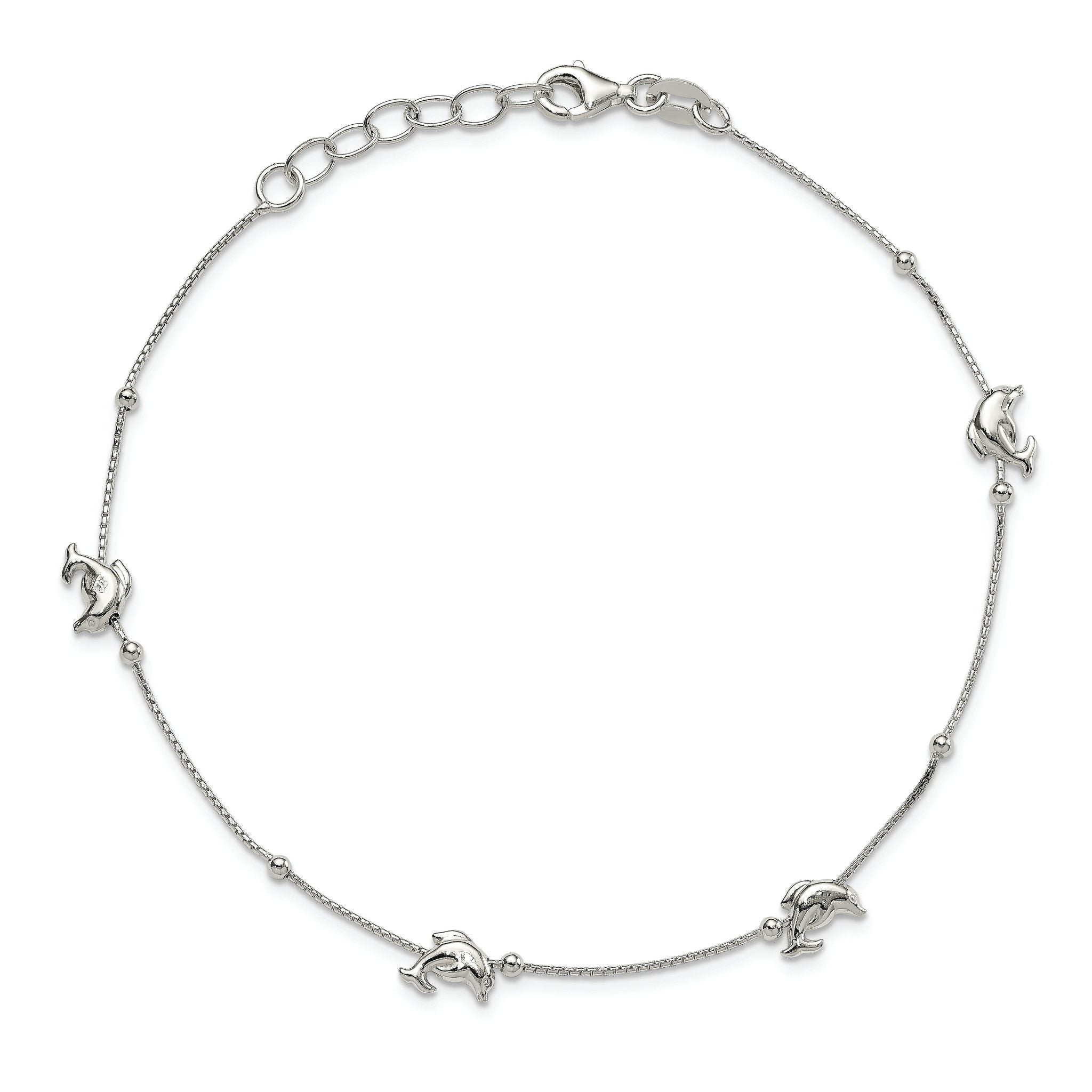 Sterling Silver Dolphins and Beads 4-Station 9 inch Plus 1 inch Extender - Total 10 inch Anklet