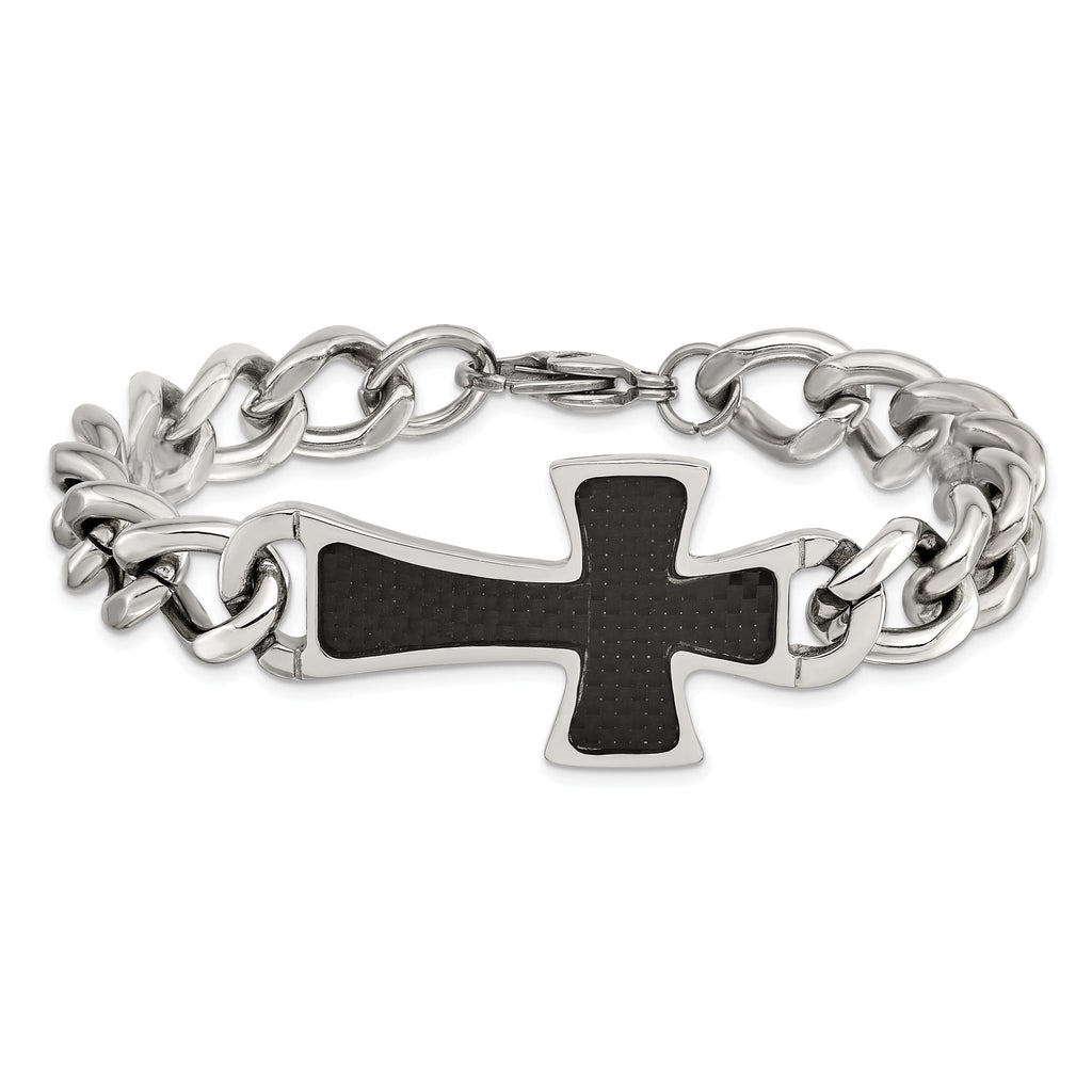 Stainless Steel Polished with Black Carbon Fiber Inlay Cross Bracelet for Men