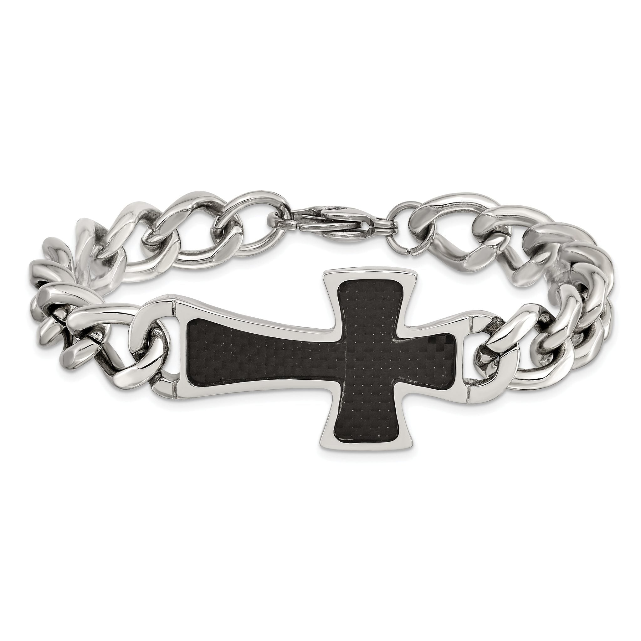 Stainless Steel Polished with Black Carbon Fiber Inlay Cross Bracelet for Men
