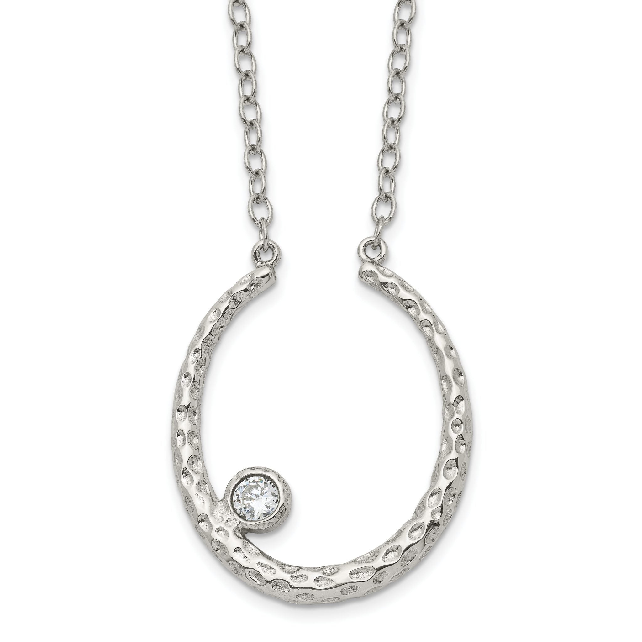 Stainless Steel Polished and Textured w/CZ 18in w/2in ext Necklace Main image