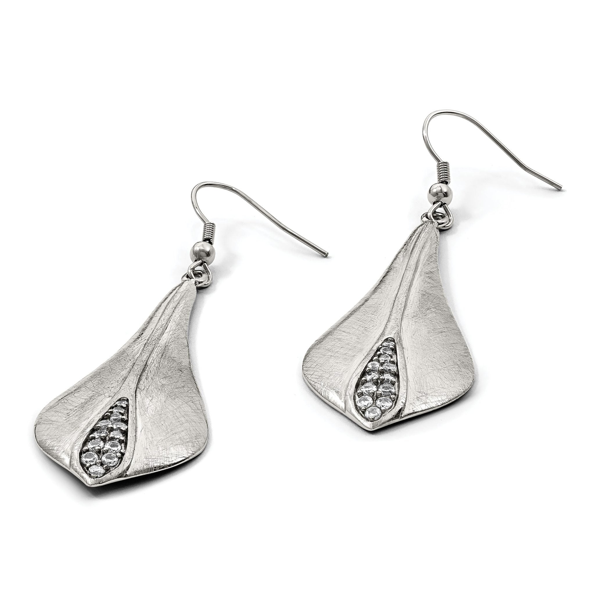 Stainless Steel Polished & Brushed Cubic Zirconia Drop Dangle Earrings for Women
