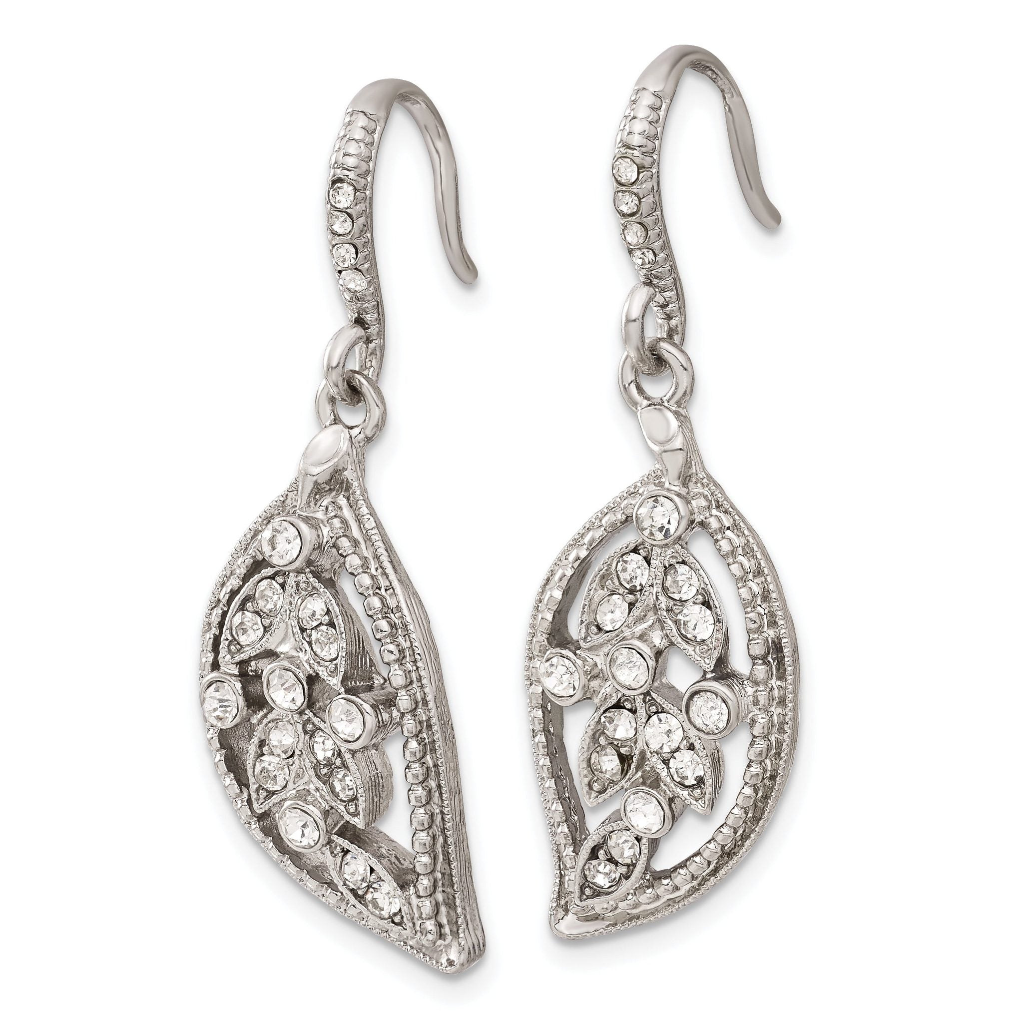 1928 Silver-tone White Crystal Textured Leaf Dangle Earrings Secondary image