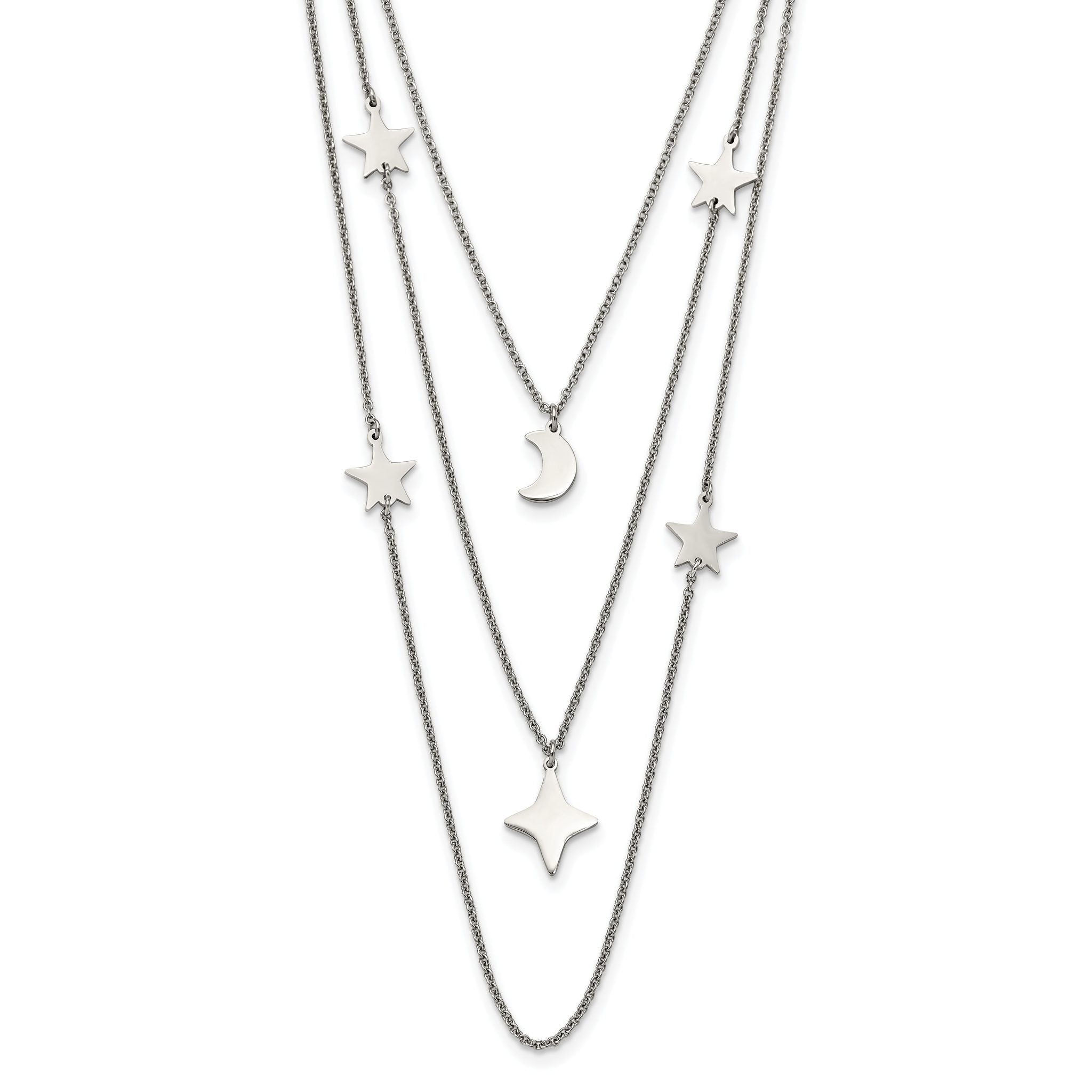 Chisel Stainless Steel Polished Stars and Moon Multi Strand 24.25 inch Cable Chain with 1.75 inch Extension Necklace Main image