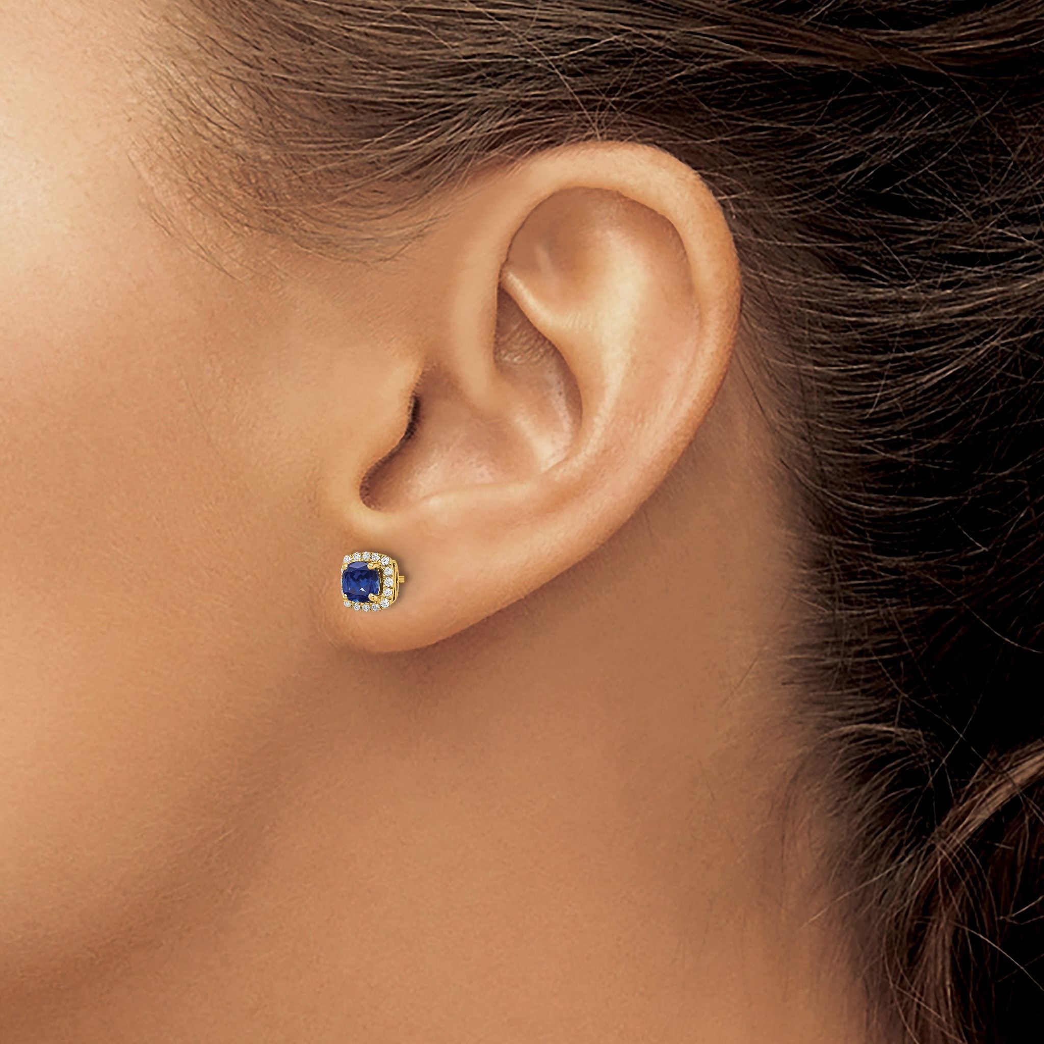 14k 1/10 carat Lab Grown Diamond VS/SI+ G+ and Created Sapphire Complete Square Halo Post Earrings