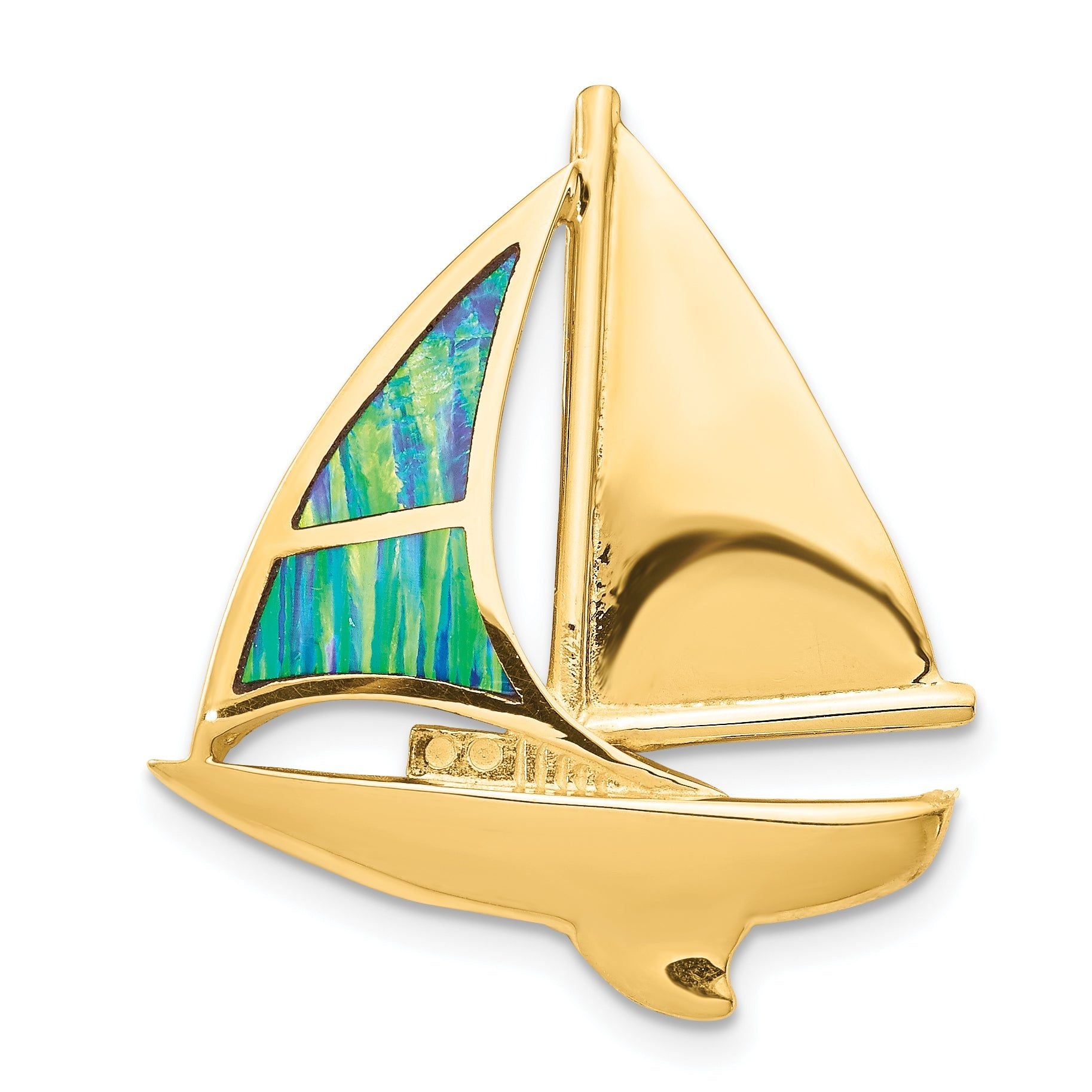 14K Gold Sailboat Slide Pendant with Lab-Created Opal Polished, Solid Craftsmanship