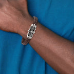 Stainless Steel Antiqued and Polished Cross Braided Brown Leather Bracelet for Men