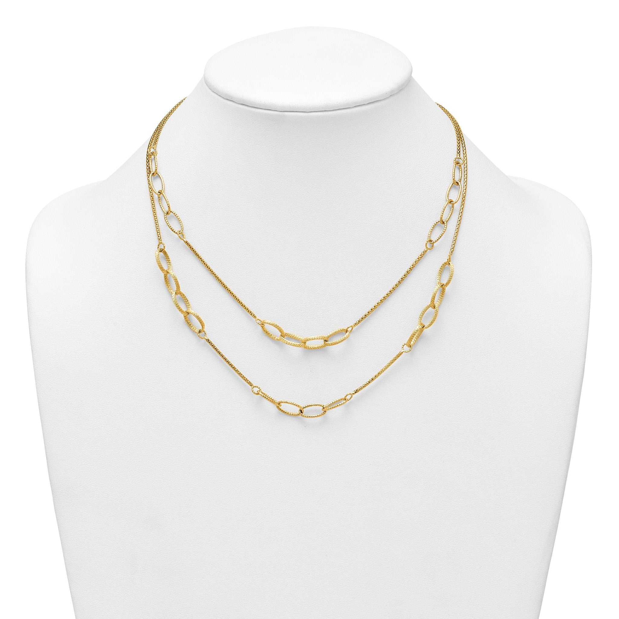 14K Polished and Textured Woven Double Strand with Oval Links 17.5 inch Necklace