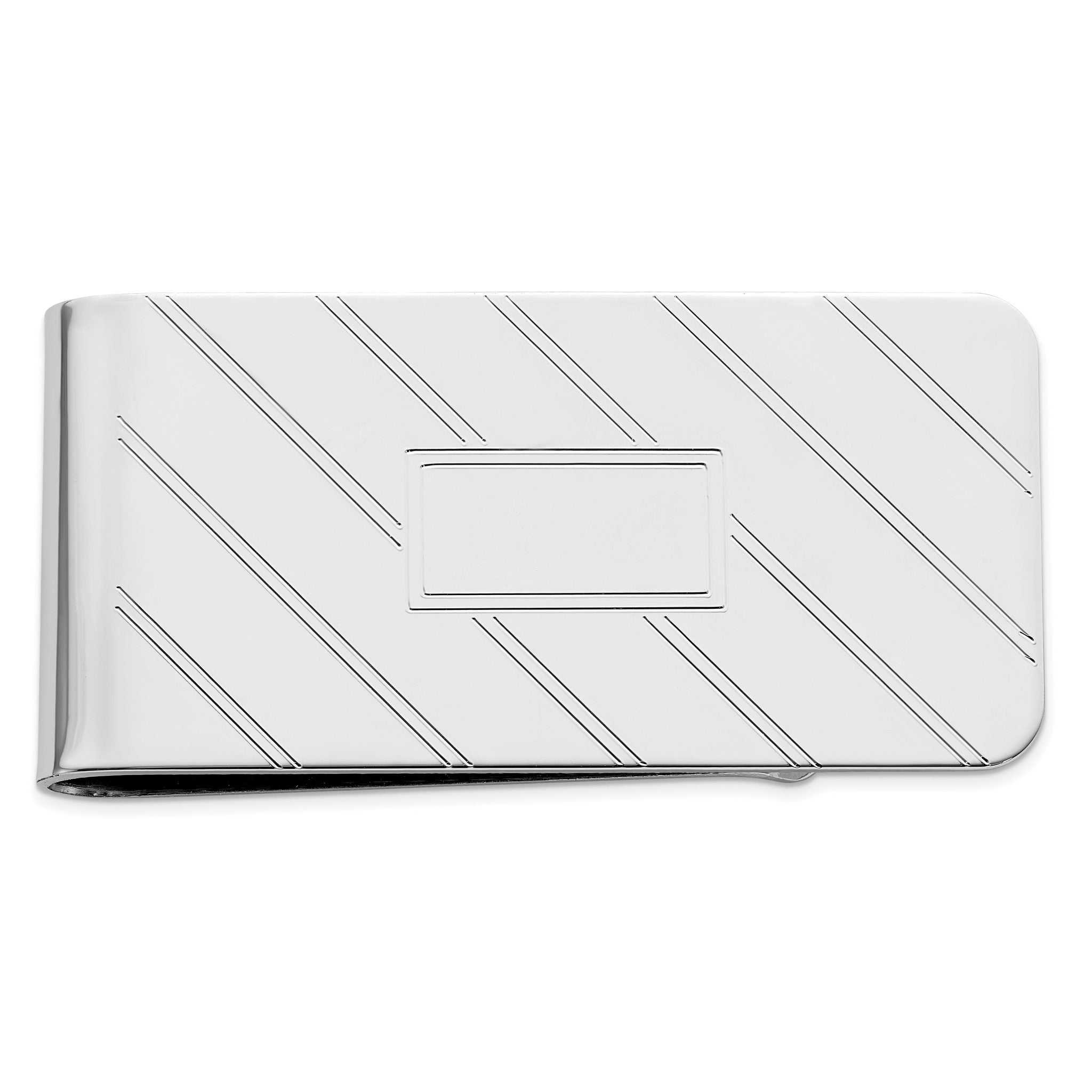Rhodium-plated Kelly Waters Etched Diagonal Lines with Engravable Area Money Clip Main image