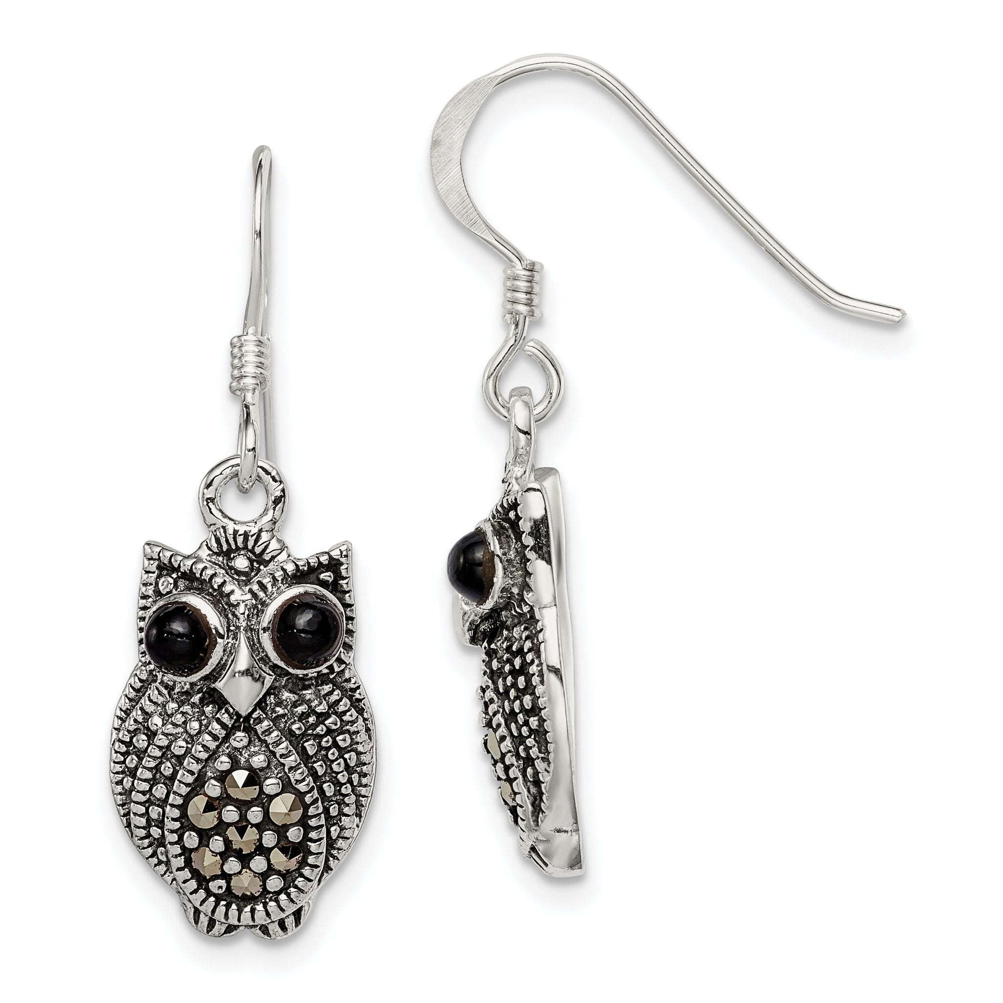 Sterling Silver Owl Drop Earrings with Antique Marcasite and Black Agate Main image