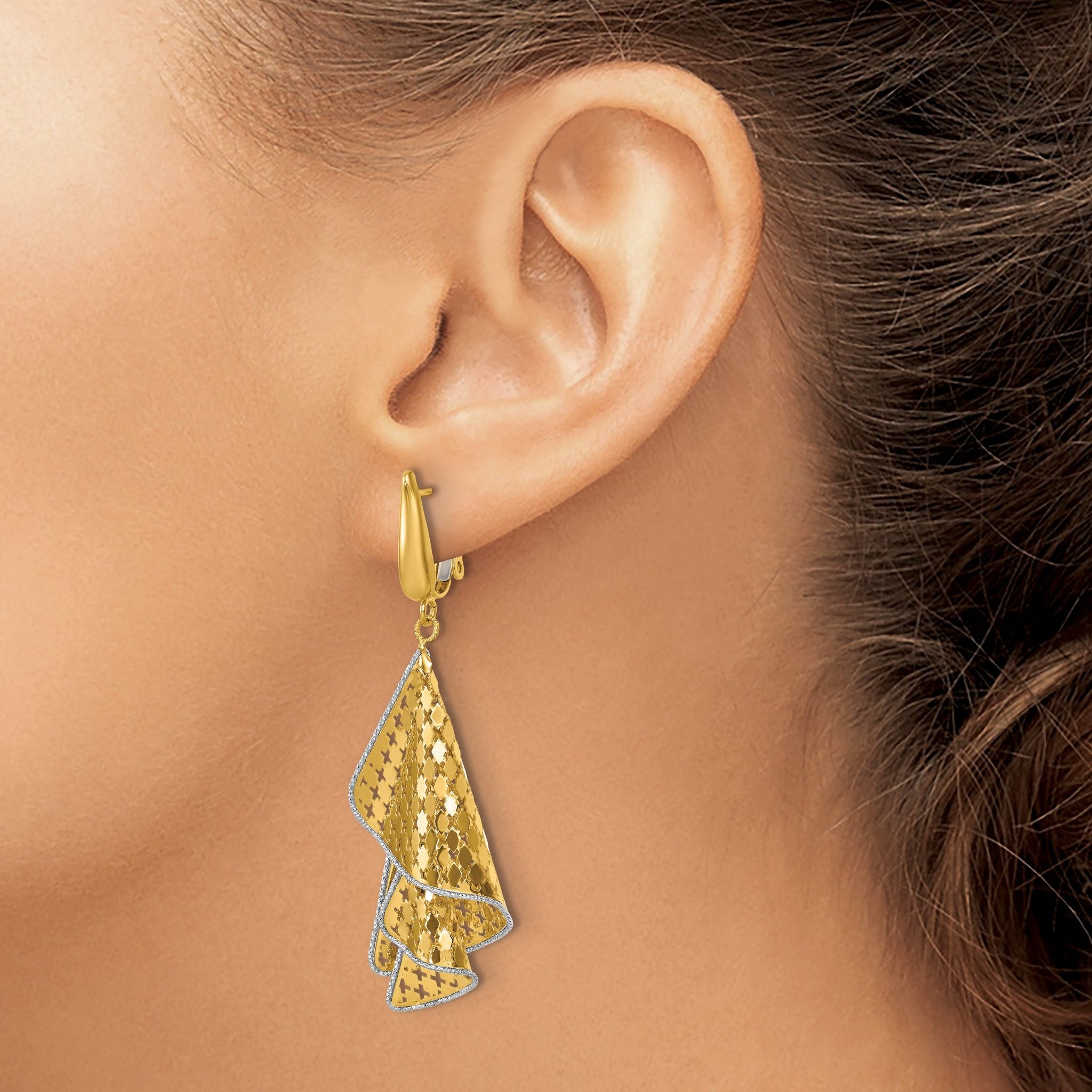 14K Two-tone Polished & D/C Post Omega Dangle Earrings