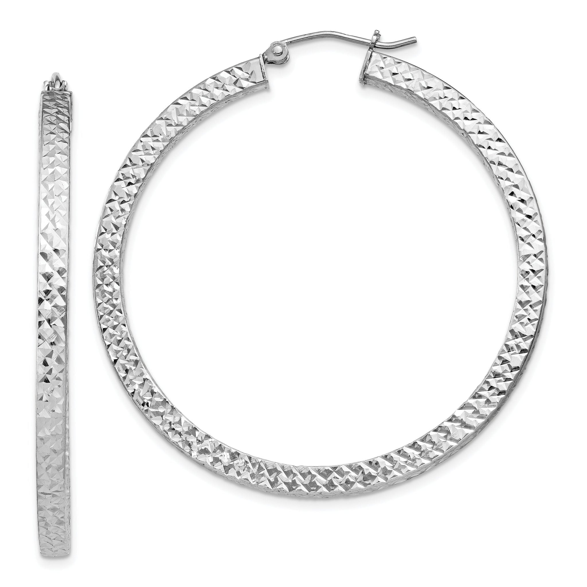 Sterling Silver Rhodium-plated Diamond-cut 3x45mm Square Tube Hoop Earrings Main image