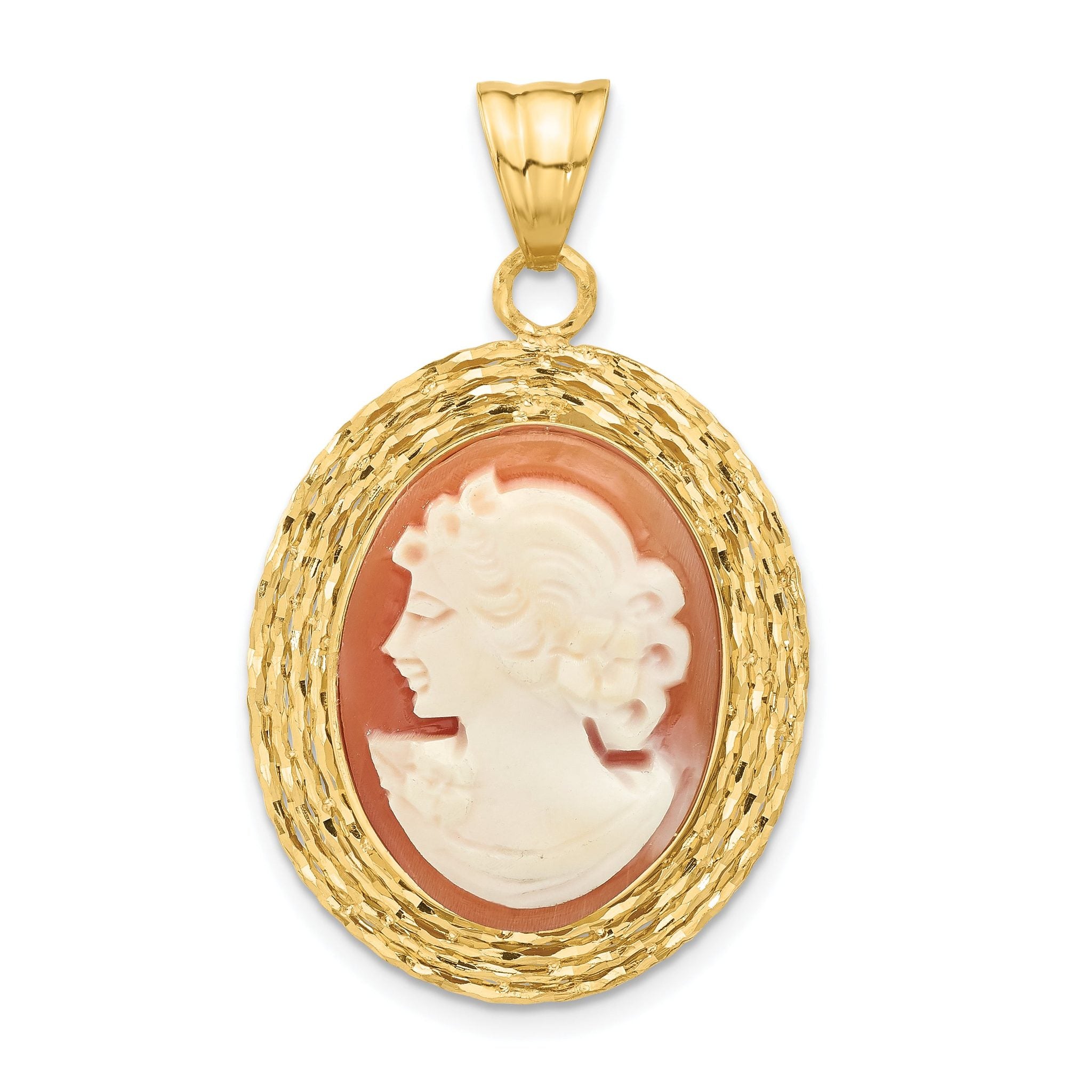 14K Diamond-cut Natural Shell Portrait Cameo Pendant Main image