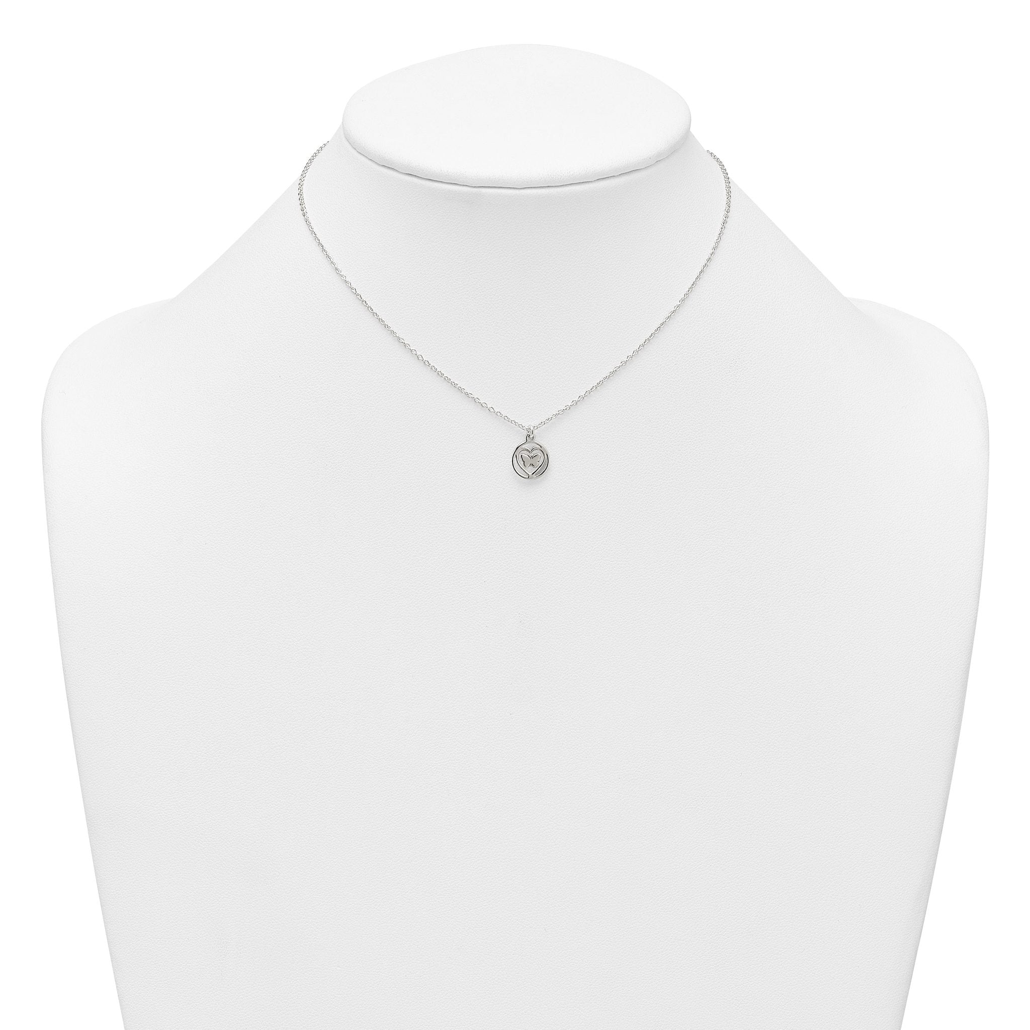 Sterling Silver Polished and Textured Butterfly in Heart Childrens 14 inch Necklace and Post Earrings Set