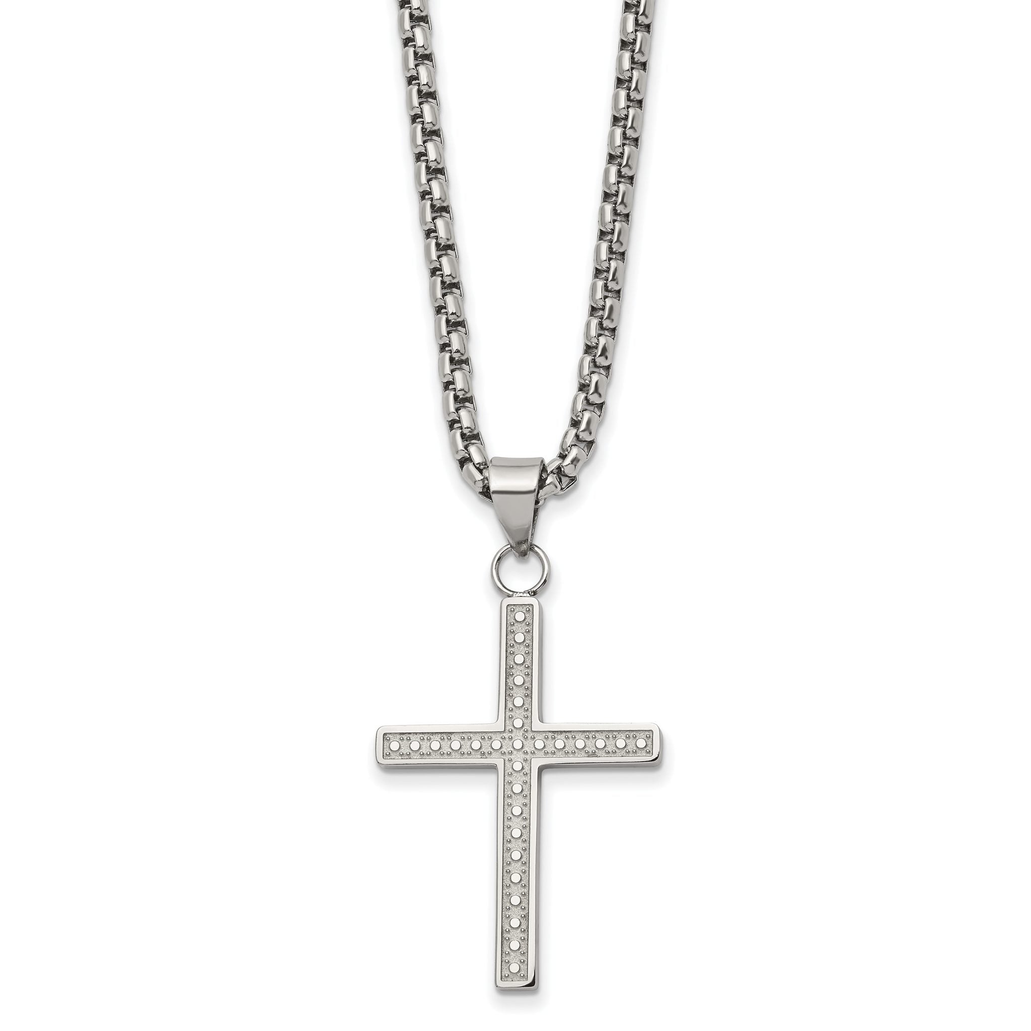 Chisel Stainless Steel Polished and Textured Cross Pendant on a 24 inch Box Chain Necklace Main image