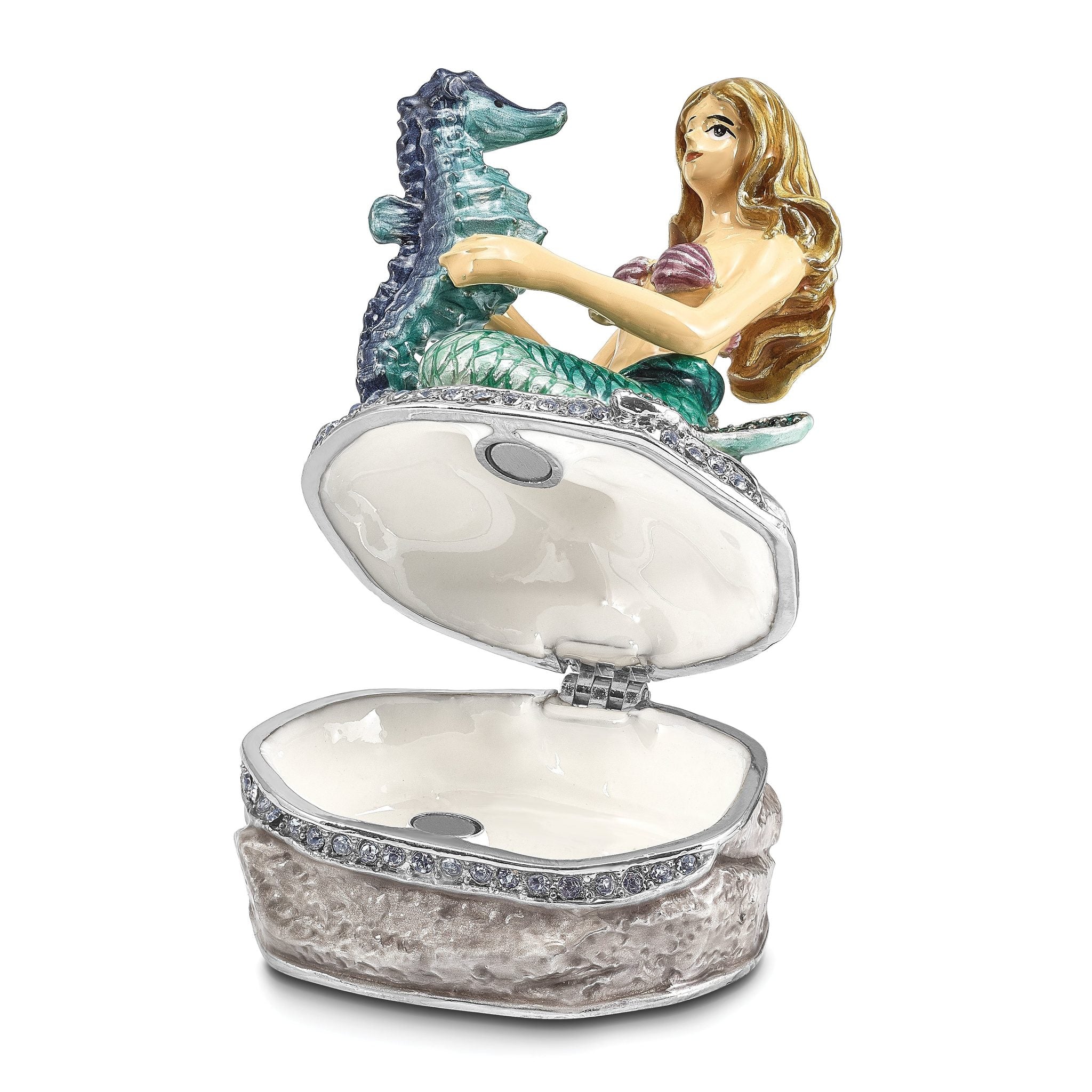 Luxury Giftware by Jere Pewter Bejeweled Crystals Silver-tone Enameled ADELLA Mermaid with Seahorse Trinket Box with Matching 18 Inch Necklace Secondary image