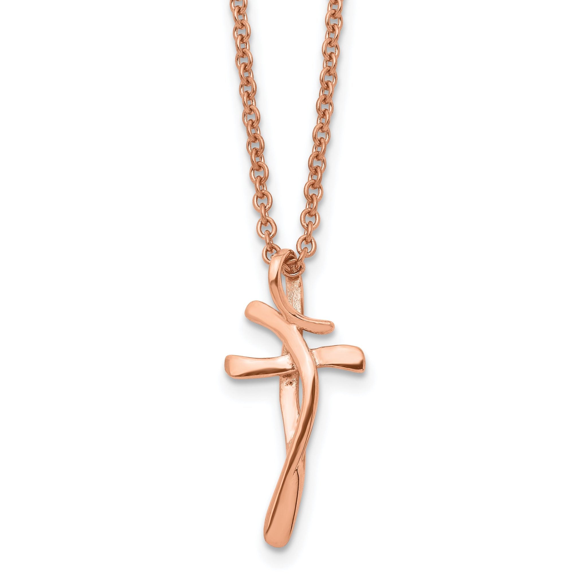 Chisel Stainless Steel Polished Rose IP-plated Twisted Cross Pendant on an 18.25 inch Cable Chain Necklace Main image