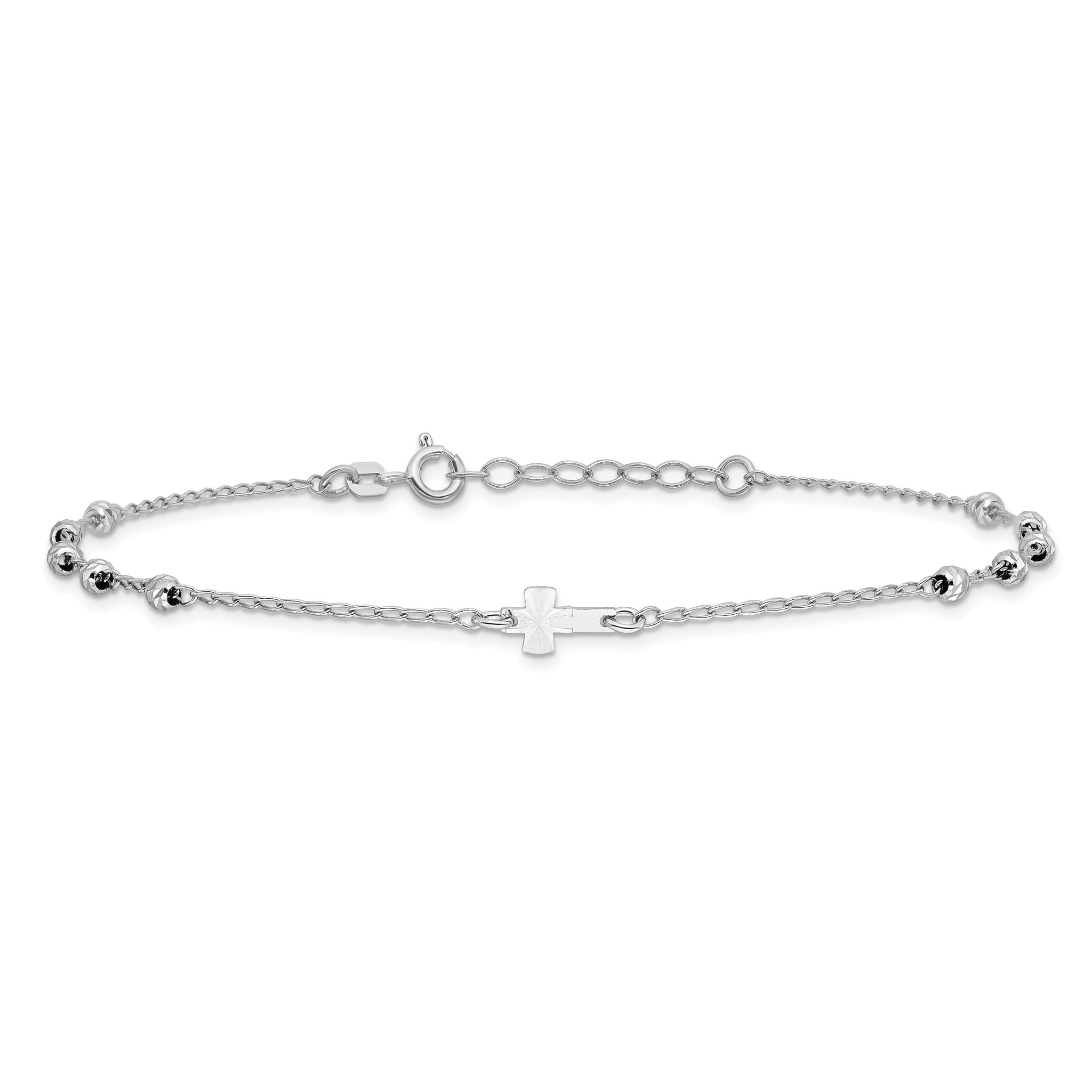 Sterling Silver Rhodium-plated Beads and Cross 9 inch Plus 1 inch Extender - Total 10 inch Anklet