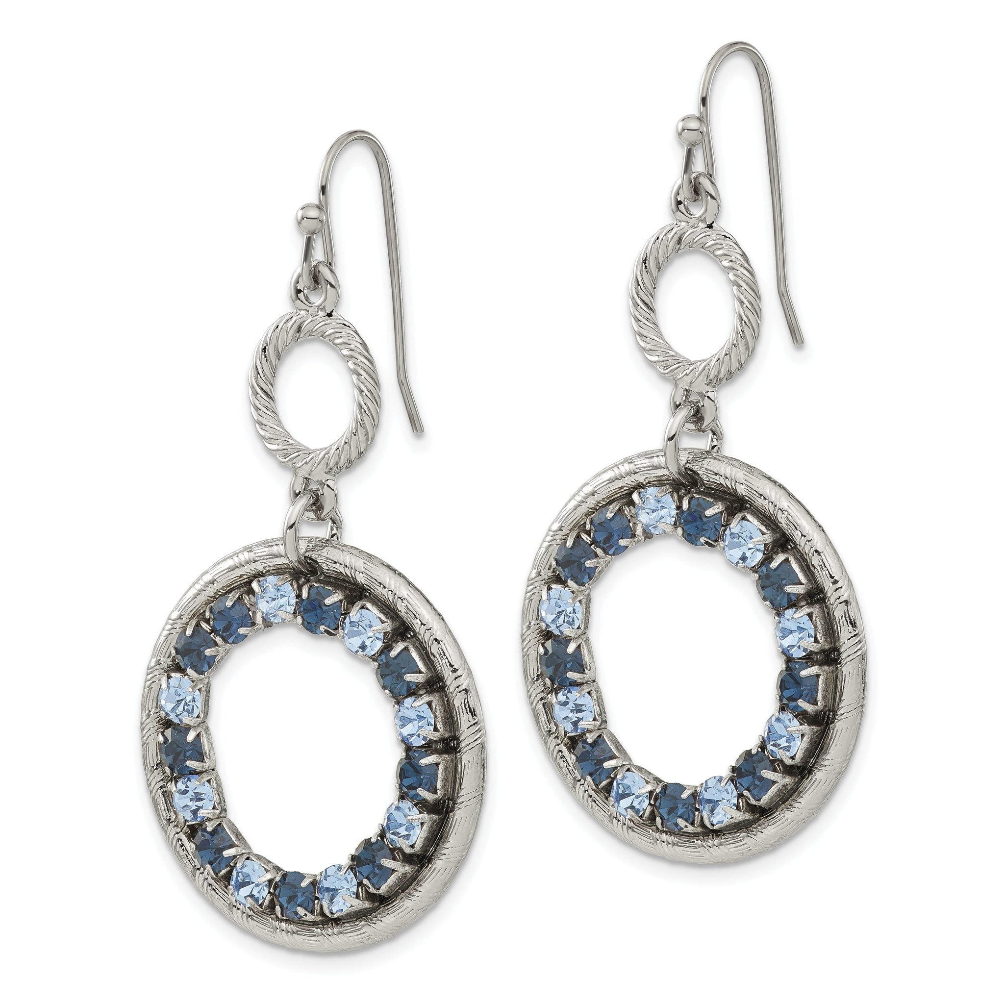 Blue Crystal Double Circle Dangle Earrings in Silver-Tone