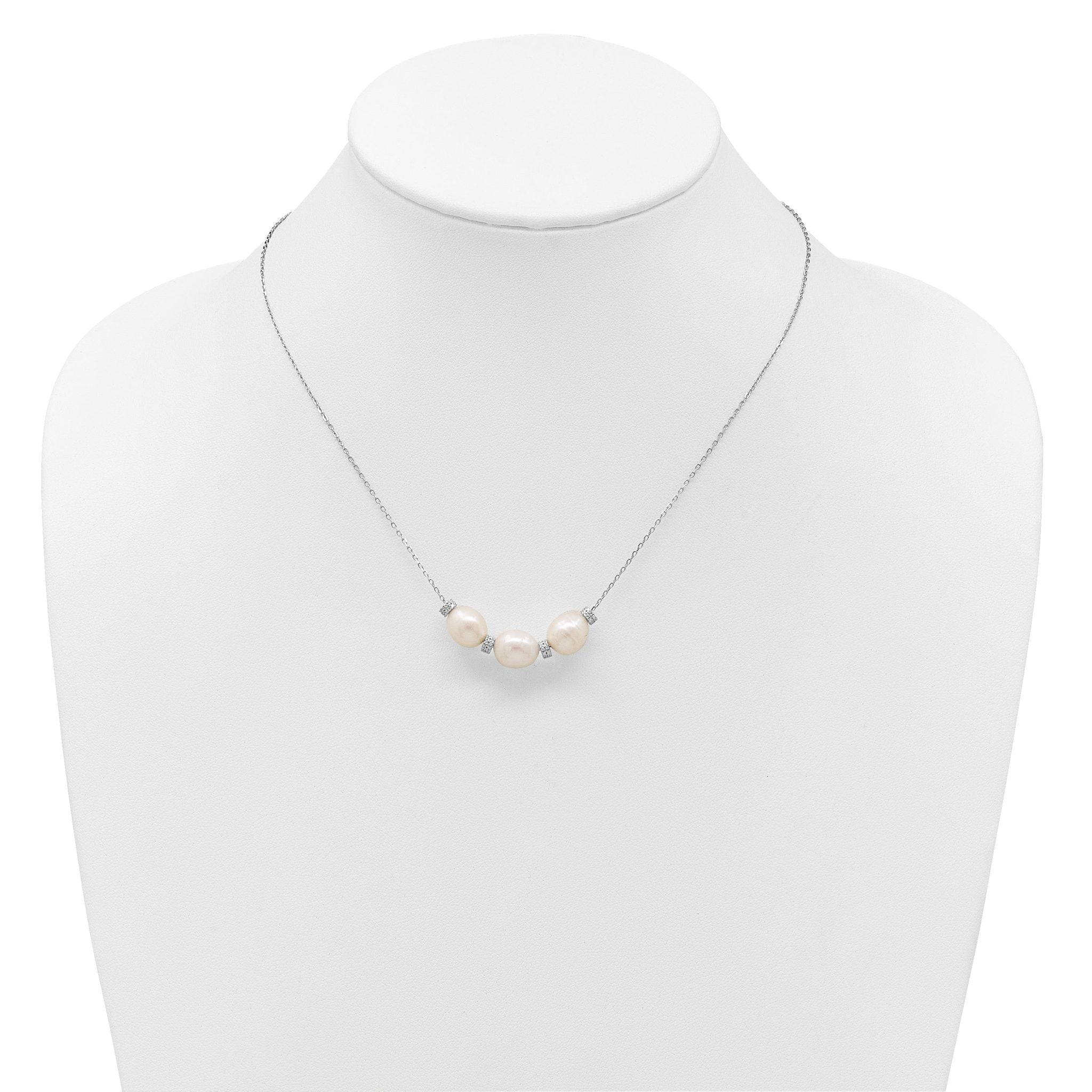 Sterling Silver Rhodium-plated CZ Bead/FWC Pearl With  2in ext. Necklace