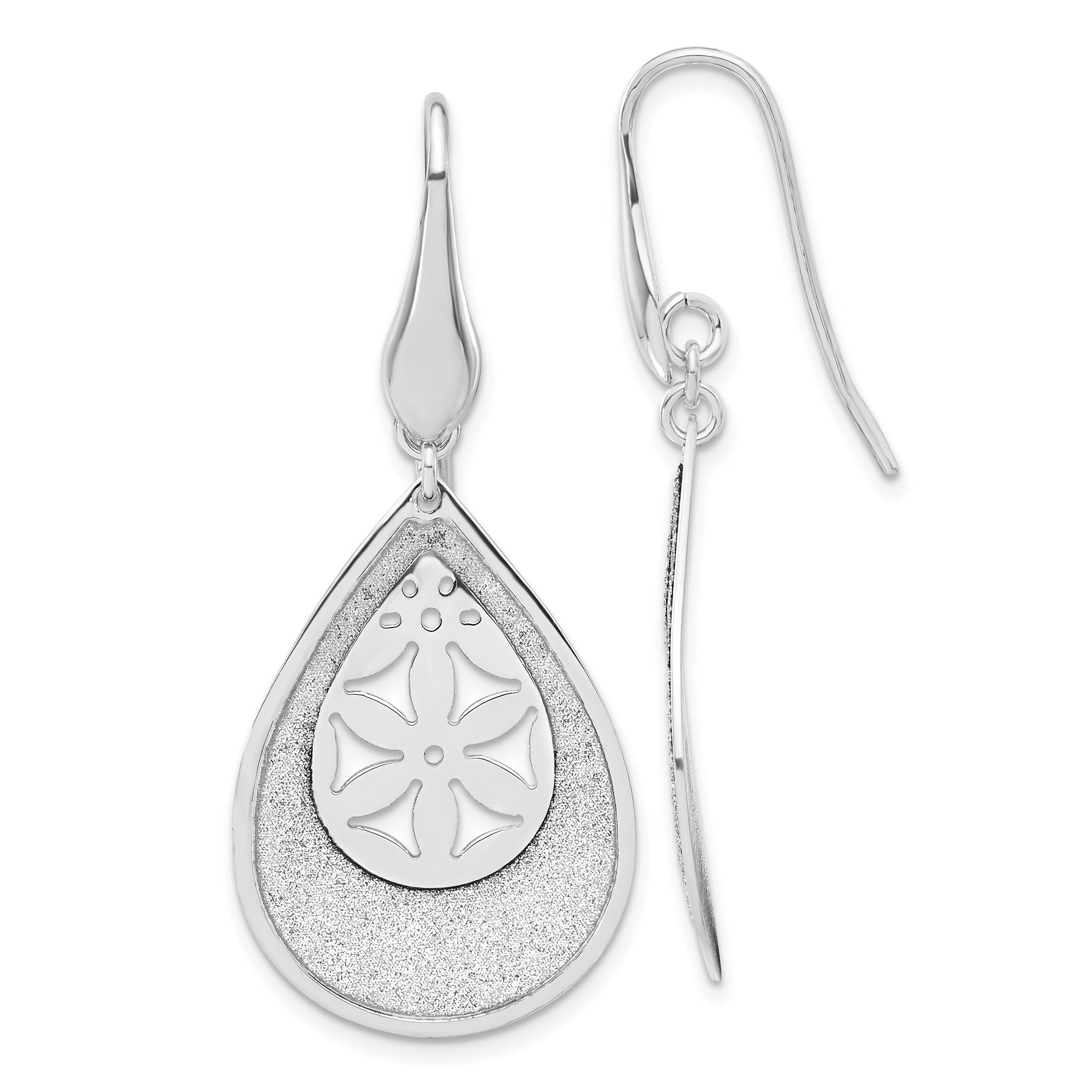 Sterling Silver 925 Textured Teardrop Earrings with Polished Laser Cut Design