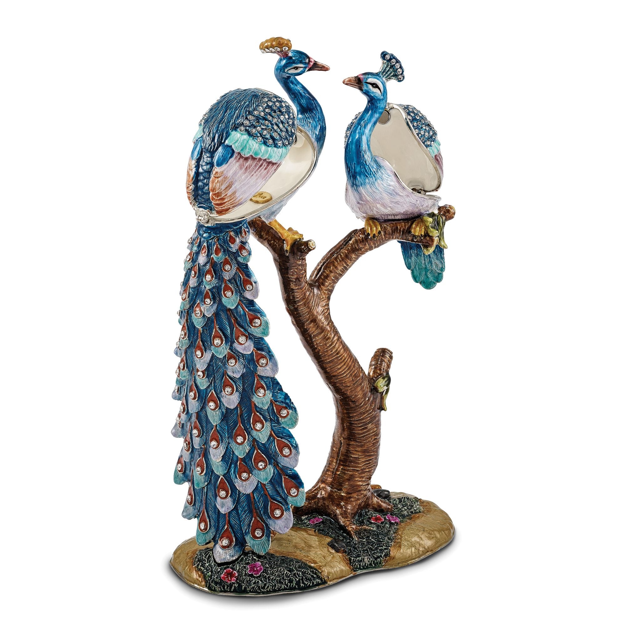 Luxury Giftware Pewter Bejeweled Crystals Silver-tone Enameled ROMEO & JULIET Peacock & Peahen Lovers Trinket Box with Matching 18 Inch Necklace Secondary image