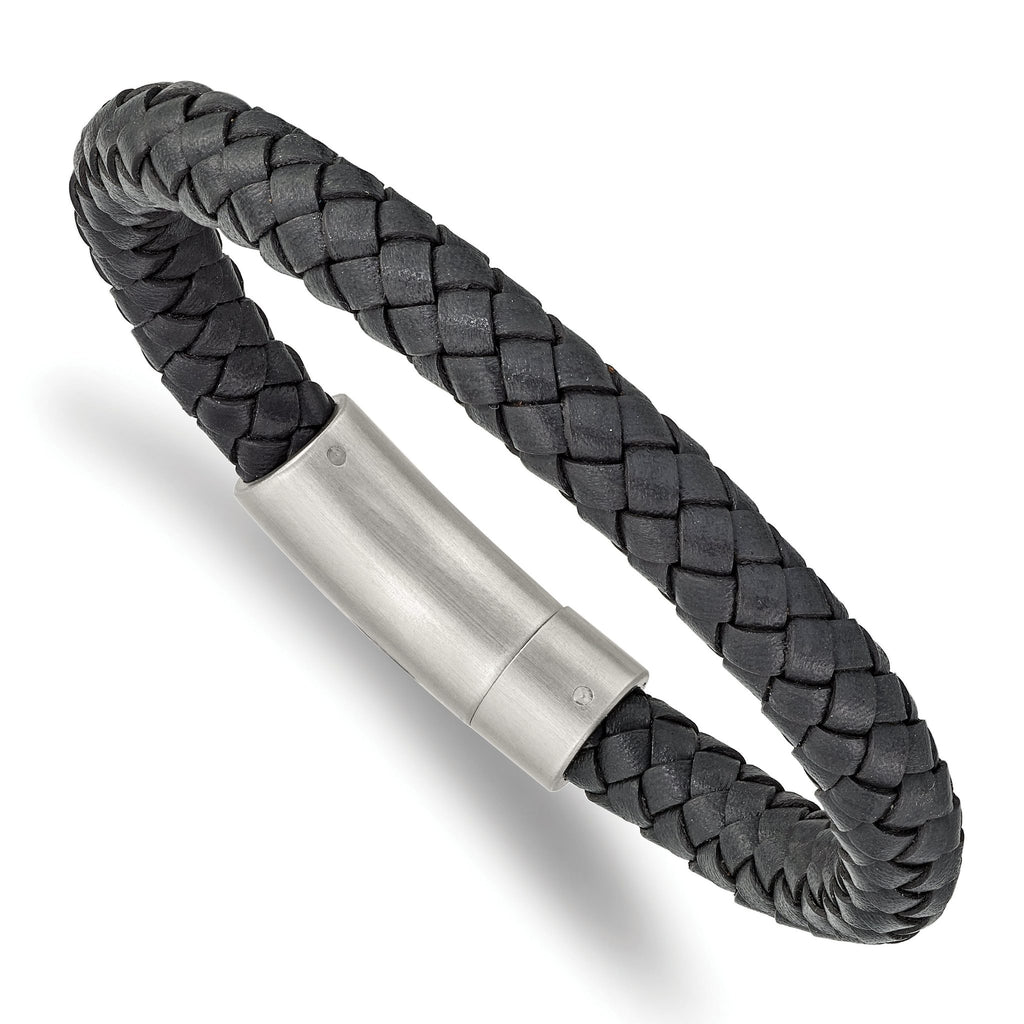 Stainless Steel Brushed Grey Braided Leather Bracelet for Men