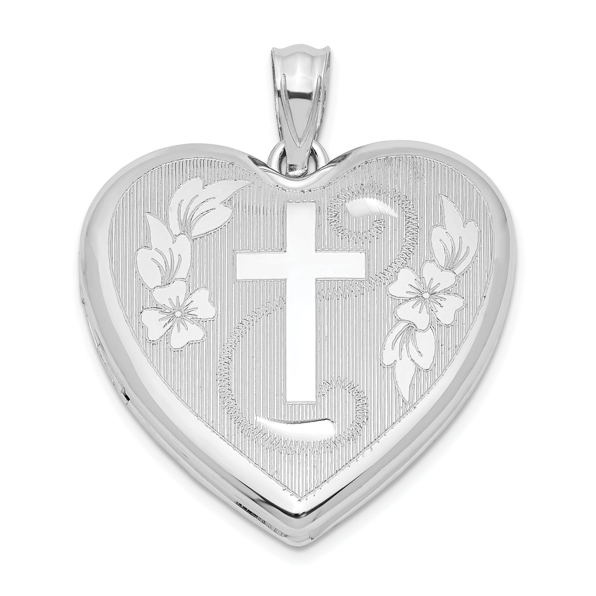Sterling Silver Rhodium-plated 24mm Diamond Cut  Cross Heart Locket Main image