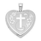 Sterling Silver Rhodium-plated 24mm Diamond Cut  Cross Heart Locket