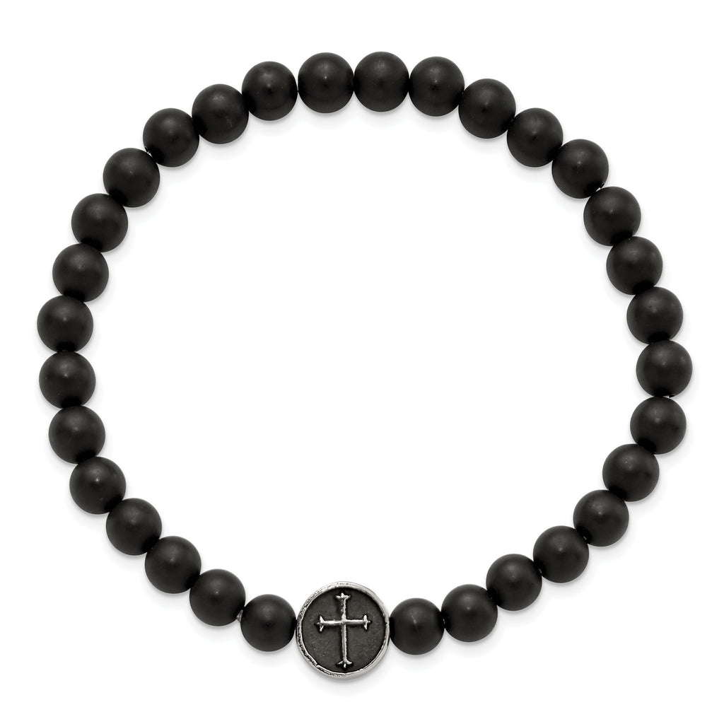 Stainless Steel Antiqued and Polished Cross 7mm Black Agate Beaded Stretch Bracelet
