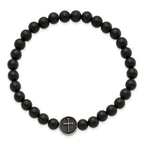 Stainless Steel Antiqued and Polished Cross 7mm Black Agate Beaded Stretch Bracelet