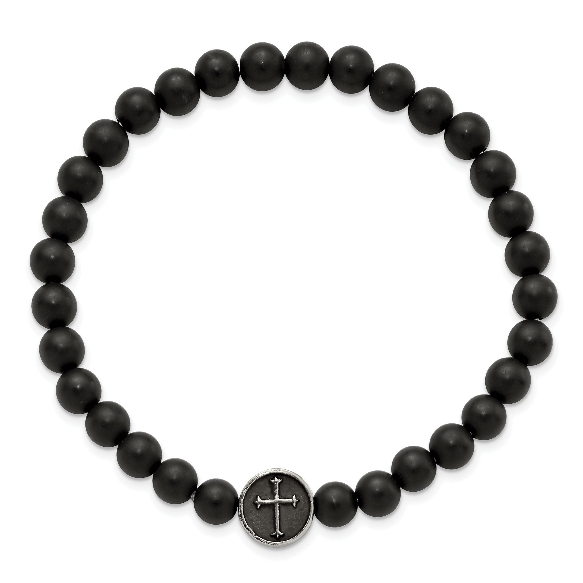 Stainless Steel Antiqued and Polished Cross 7mm Black Agate Beaded Stretch Bracelet