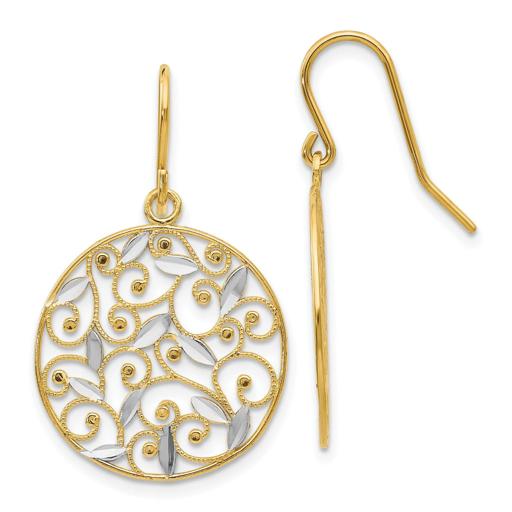 14K Gold Rhodium Filigree Drop Earrings with Diamond-Cut Design