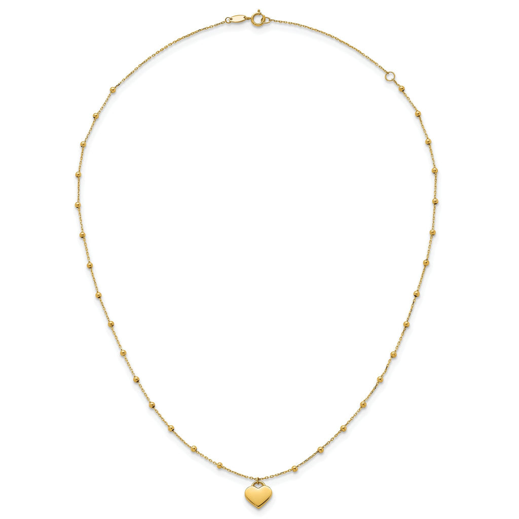 14k Polished Heart Pendant and Beaded Chain 16 inch Necklace Plus 2 inch Extender