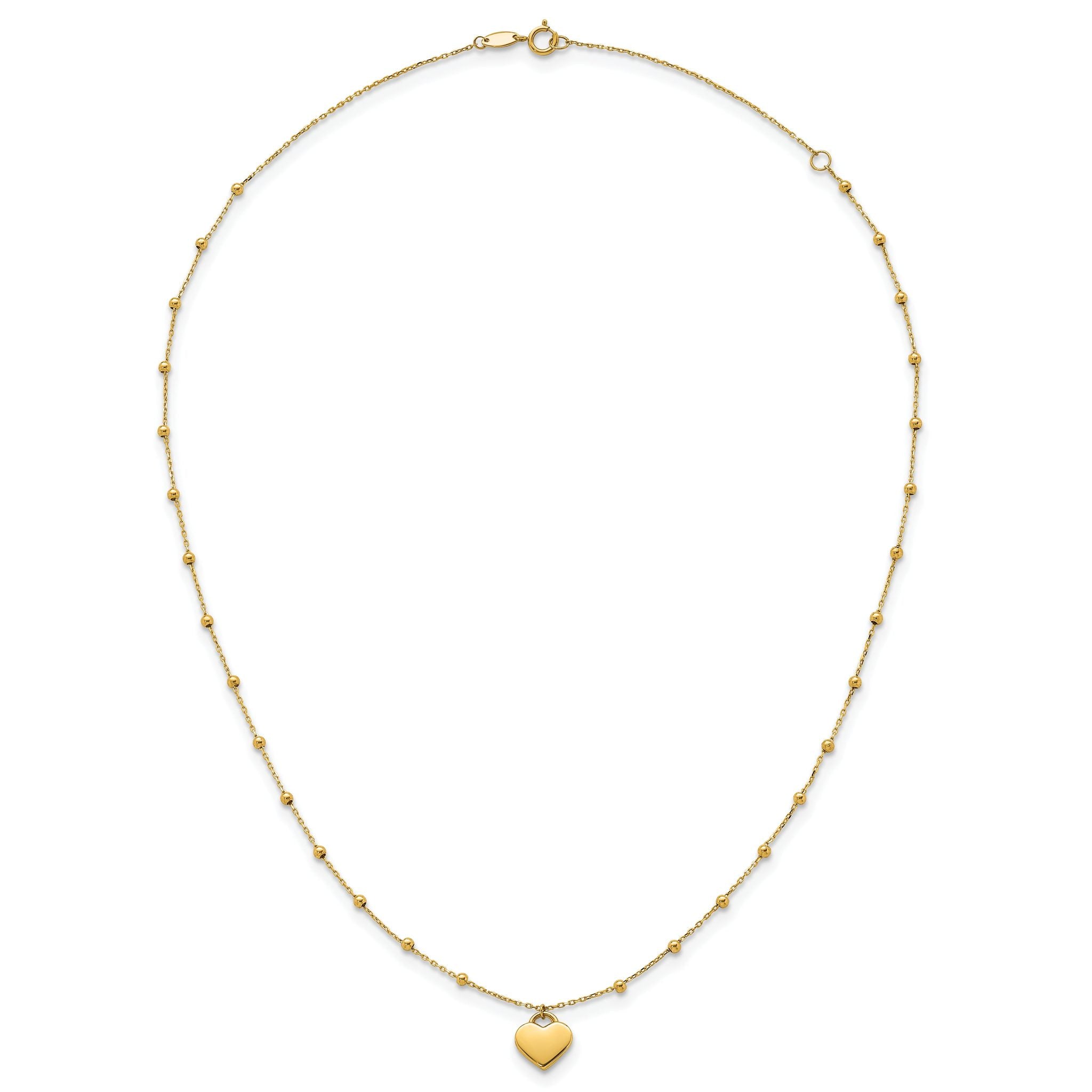 14k Polished Heart Pendant and Beaded Chain 16 inch Necklace Plus 2 inch Extender