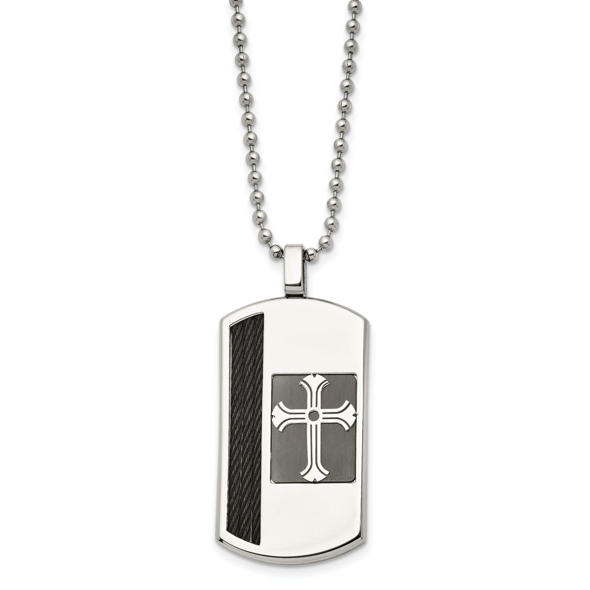 Chisel Stainless Steel Brushed and Polished Black IP-plated Cable Inlay Cross Dog Tag on a 22 inch Ball Chain Necklace Main image