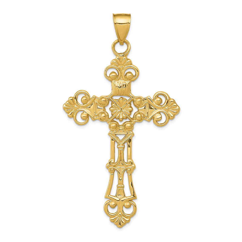 14K Gold Fleur De Lis Large Cross Pendant  Elegant Solid Cast Design