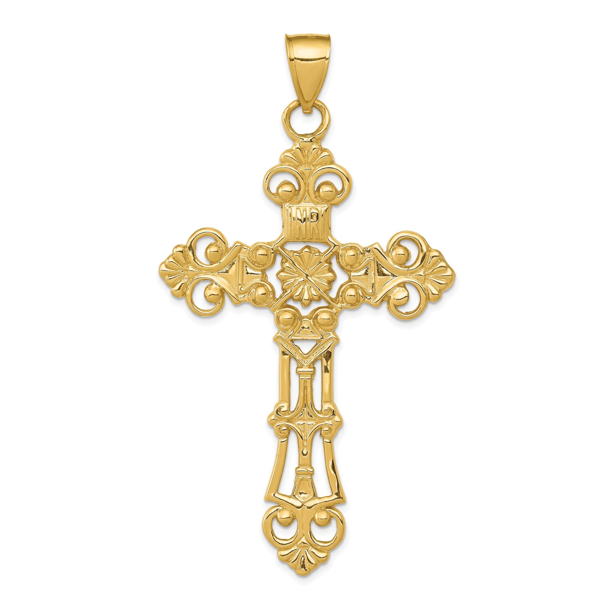14K Gold Fleur De Lis Large Cross Pendant  Elegant Solid Cast Design