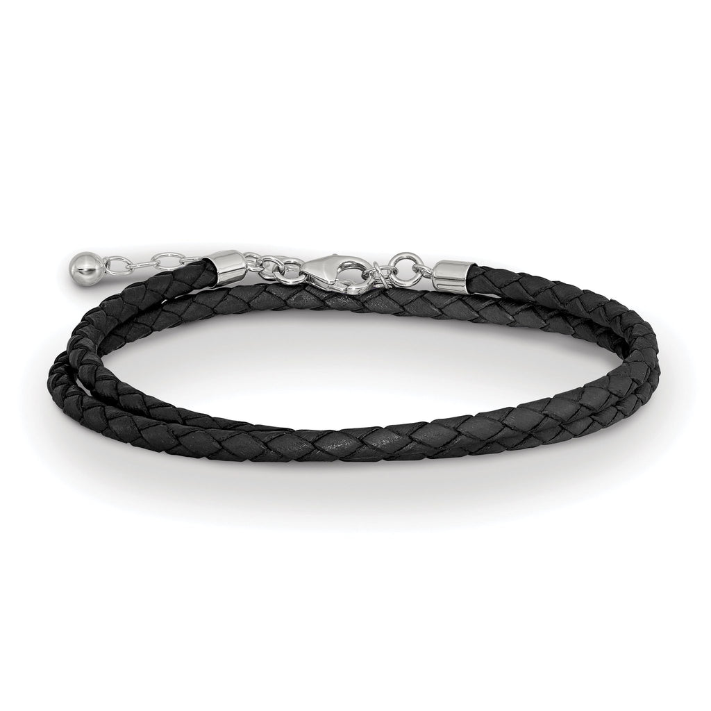 SS Reflections Black Leather Rh-plated 14in With 2in ext Choker/Wrap Bracelet