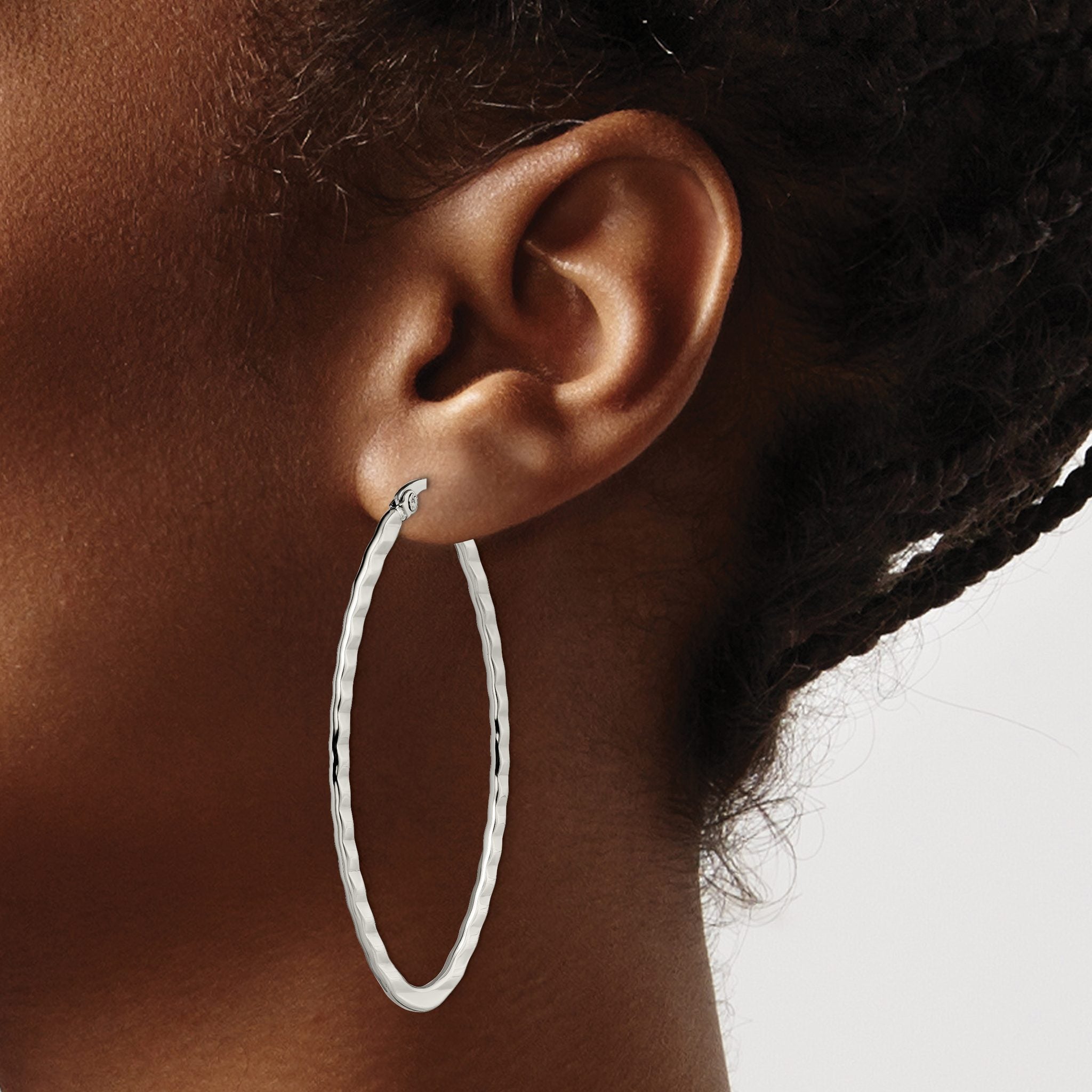 Stainless Steel Polished Oval Textured Hoop Earrings for Women