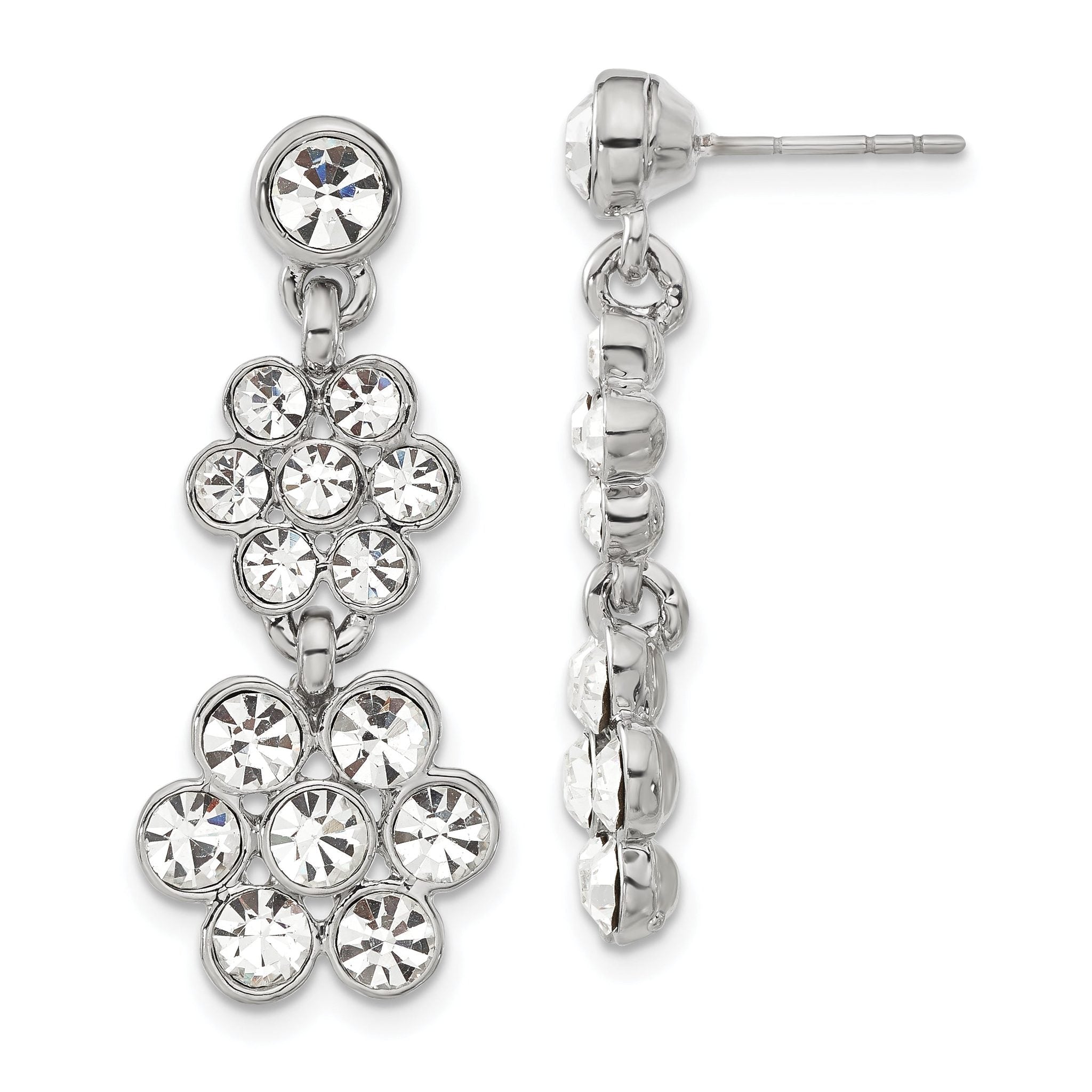 1928 Silver-tone White Crystal Flower Post Dangle Earrings Main image