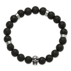 Stainless Steel Antiqued and Polished Black Agate Beaded with Skulls Stretch Bracelet for Men