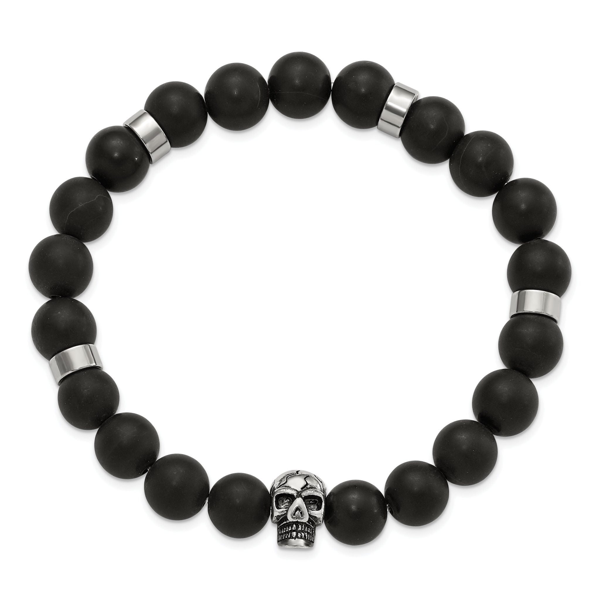 Stainless Steel Antiqued and Polished Black Agate Beaded with Skulls Stretch Bracelet for Men