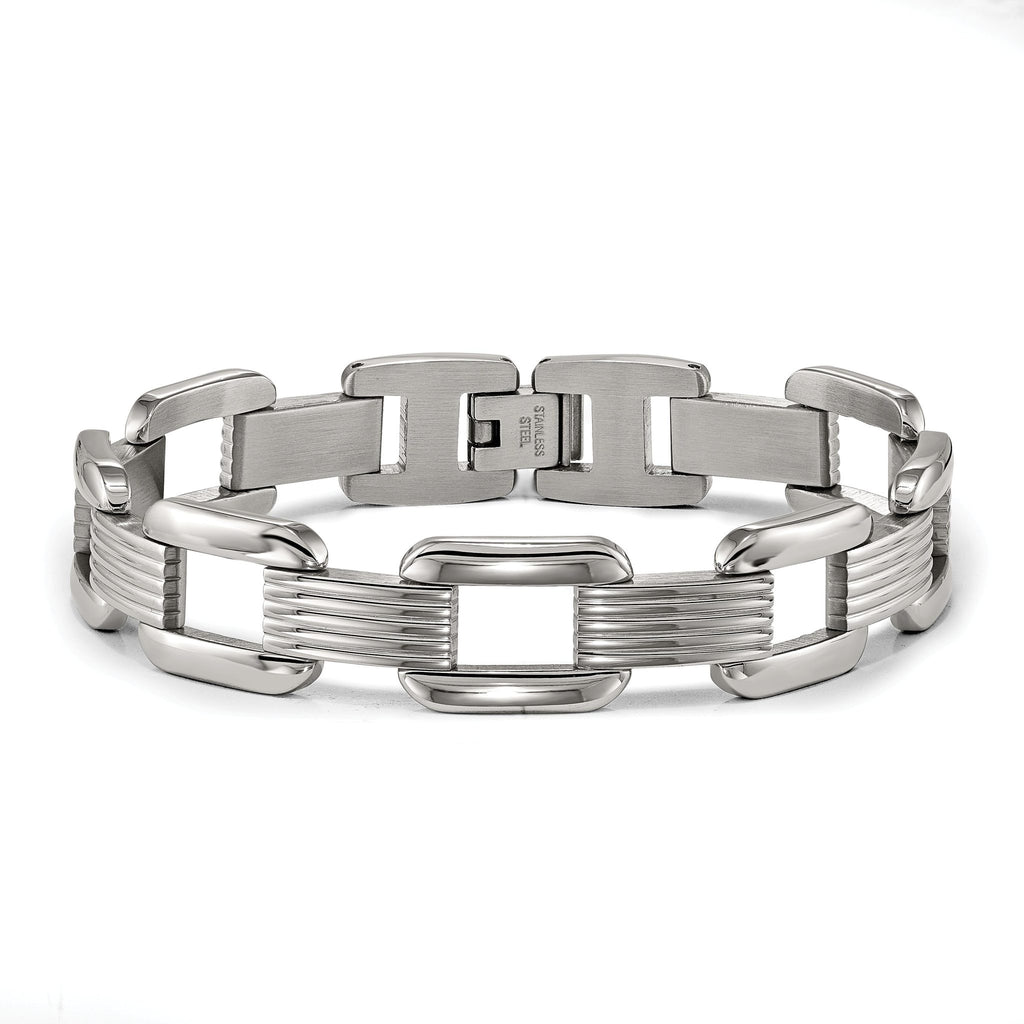 Stainless Steel Polished and Textured Rounded Square Open Link Bracelet for Men