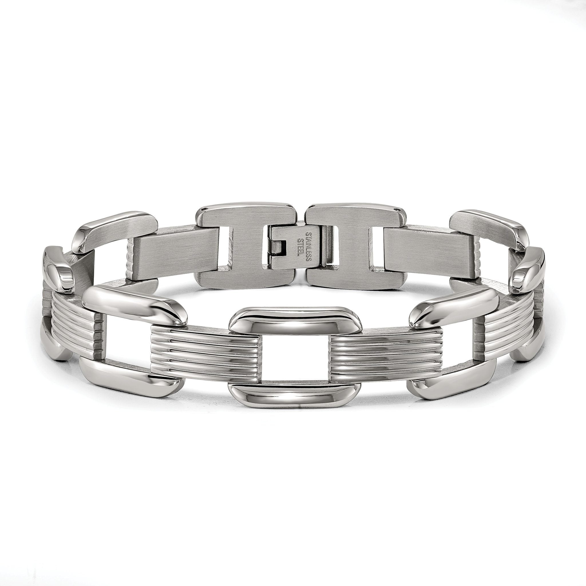 Stainless Steel Polished and Textured Rounded Square Open Link Bracelet for Men