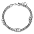 Sterling Silver Rhodium-plated Beaded Triple Strand Mesh 7 inch with 0.5 inch Extension Bracelet