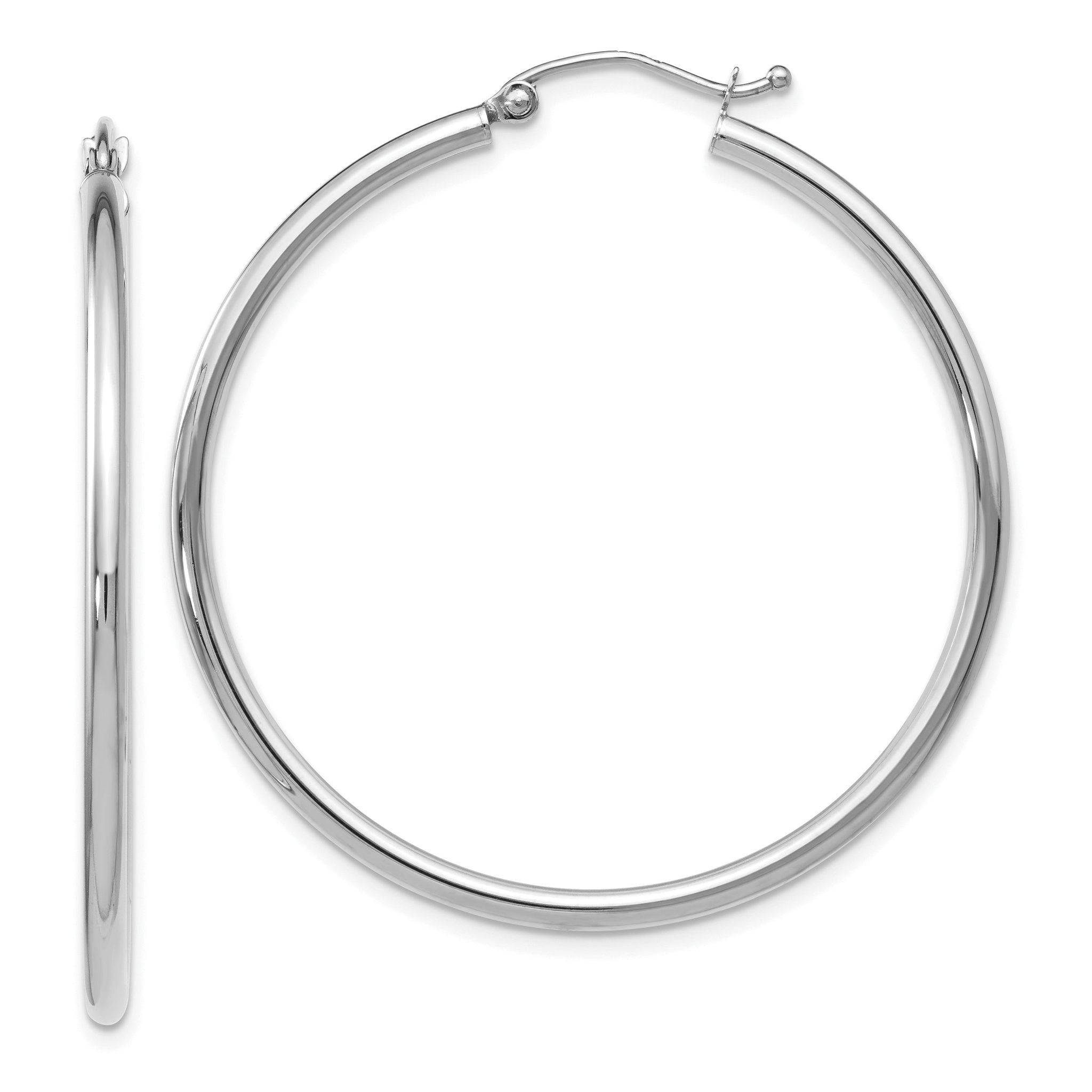 14K White Gold Polished Hoop Earrings 40mm with Hinged Closure
