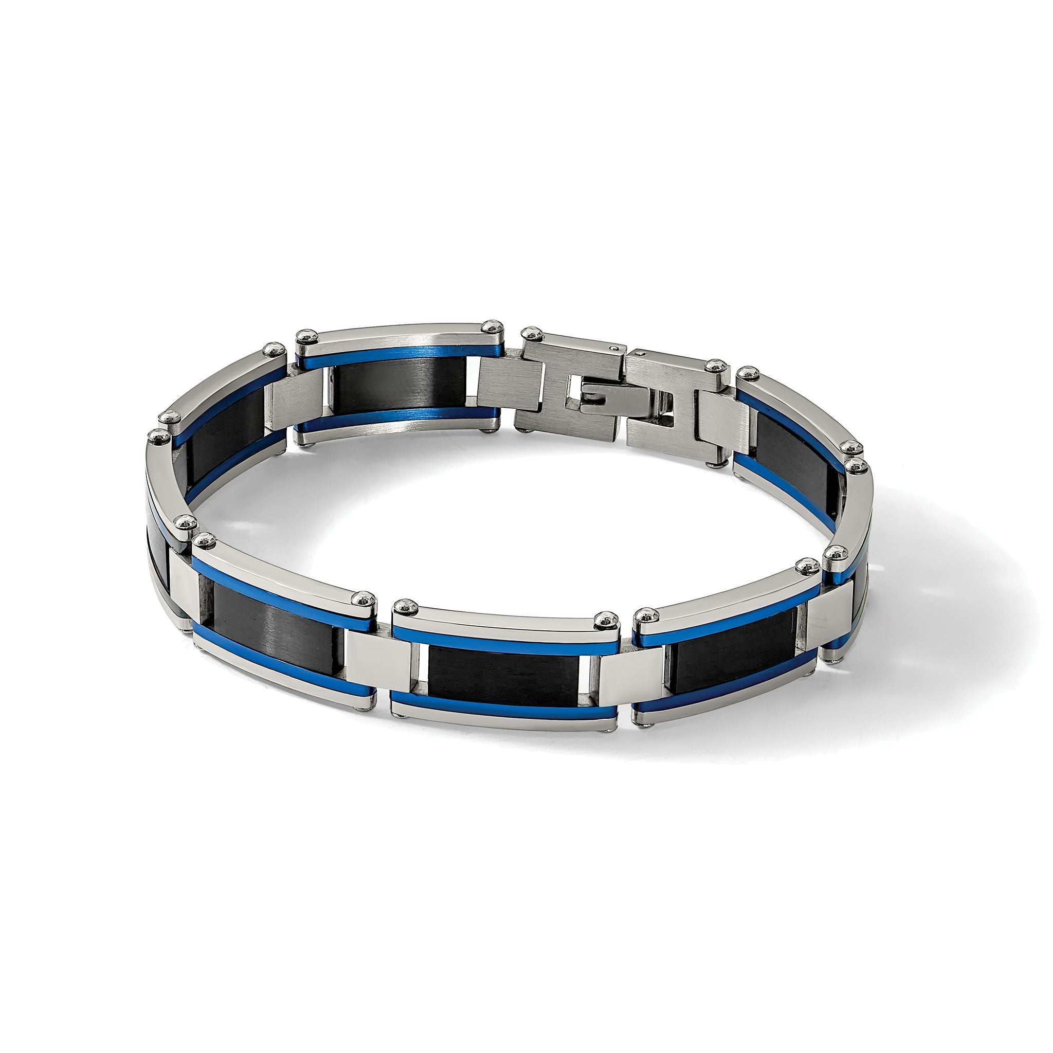 Stainless Steel Brushed and Polished Black and Blue IP-plated Link Bracelet for Men