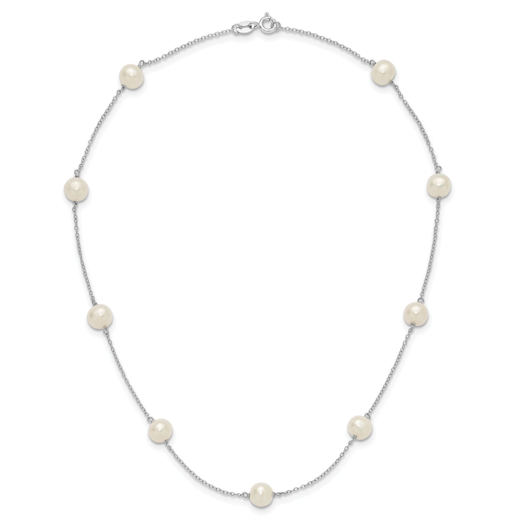 Sterling Silver Rhodium-plated 7-8mm White Semi-Round Freshwater Cultured Pearl 3-Station 7.5 inch Bracelet