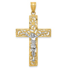 14K Two-Tone Gold Filigree Crucifix Pendant with Elegant Block Design